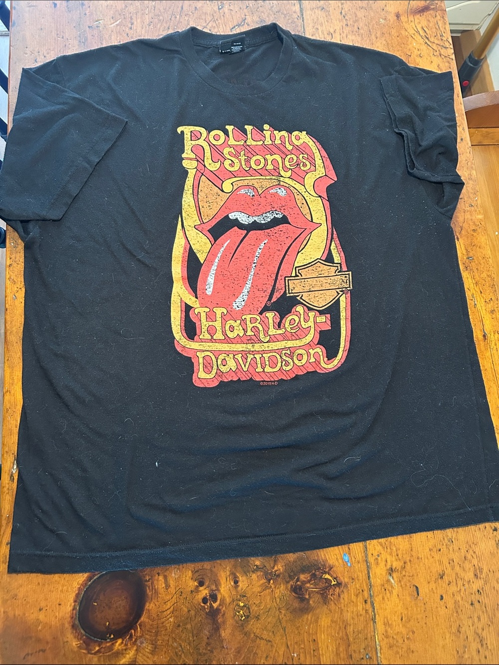 Harley-Davidson Black Tee with Red & Yellow Rolling Stones Tongue Graphic